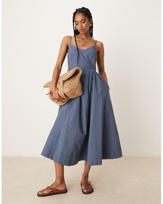 Vestido Midi Con Cintura Baja De Tejido Rico En Algodón De Threadbare de color Blue
