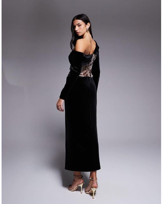 ASOS Black Velvet Midi Dress With Jacquard Corset