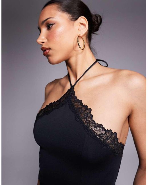 ASOS Gray Slinky Lace Trim Halter Top