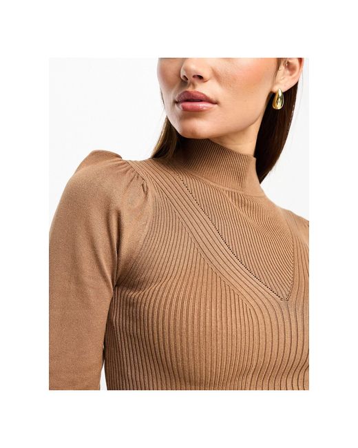 River Island Brown Puff Sleeve Knit Top With Button Detail