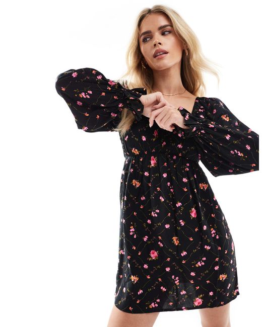 Miss Selfridge Black – langärmliges mini-freizeitkleid mit blümchenmuster