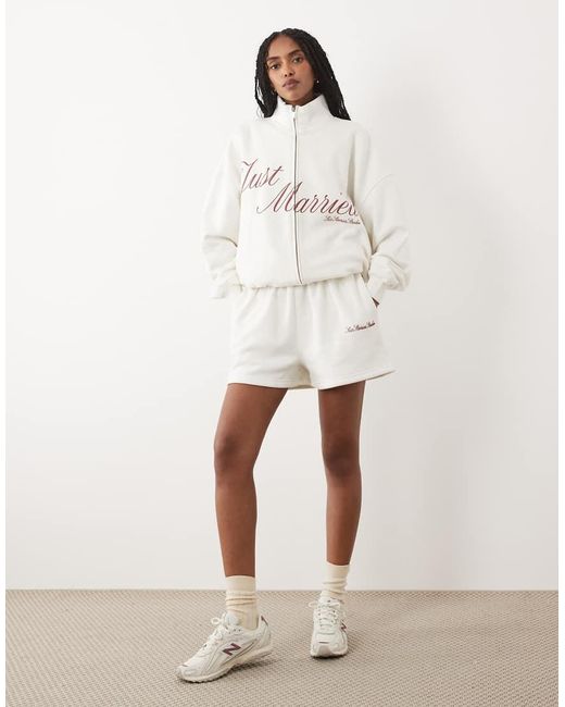 Six Stories Natural 'just Married' Jersey High Neck Zip Through Jumper