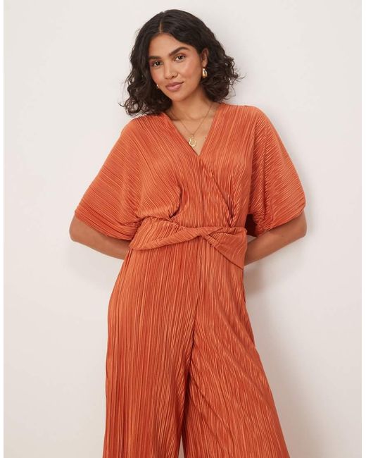 ASOS Orange Plisse Plunge Short Sleeve Wrap Waist Jumpsuit
