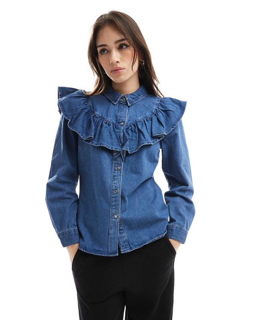 ONLY Blue – langärmliges jeanshemd mit mitteler waschung mit rüschen