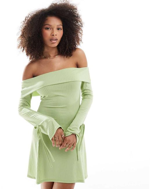 ASOS Green Ribbed Bardot Long Sleeve Mini Dress With Tie Sleeves