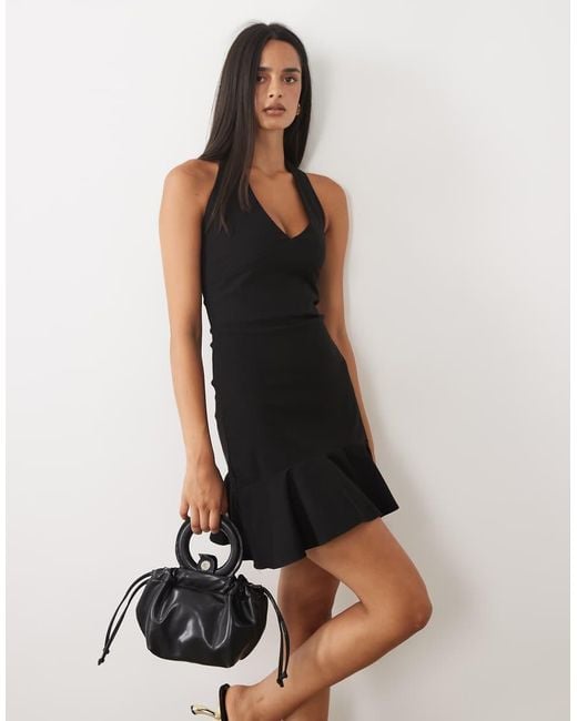 Vesper Natural Bengaline Scoop Halterneck Ruffle Mini Dress