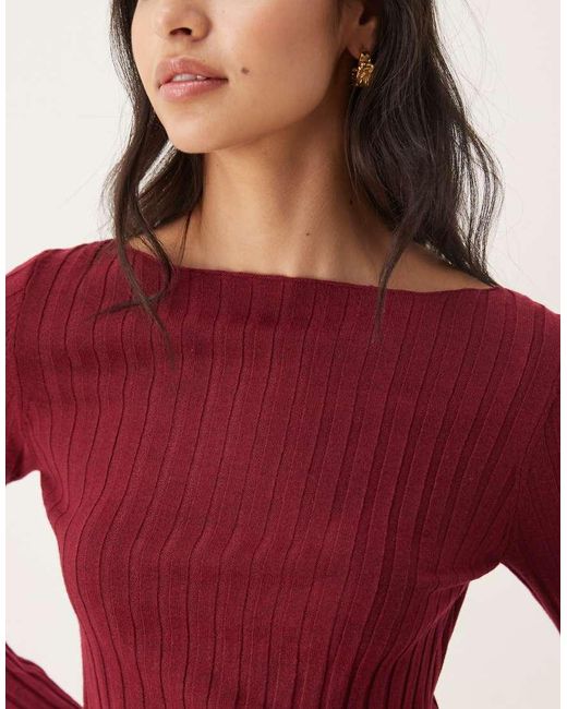 Mango Red Ribbed Slash Neck Lightweight Jumper
