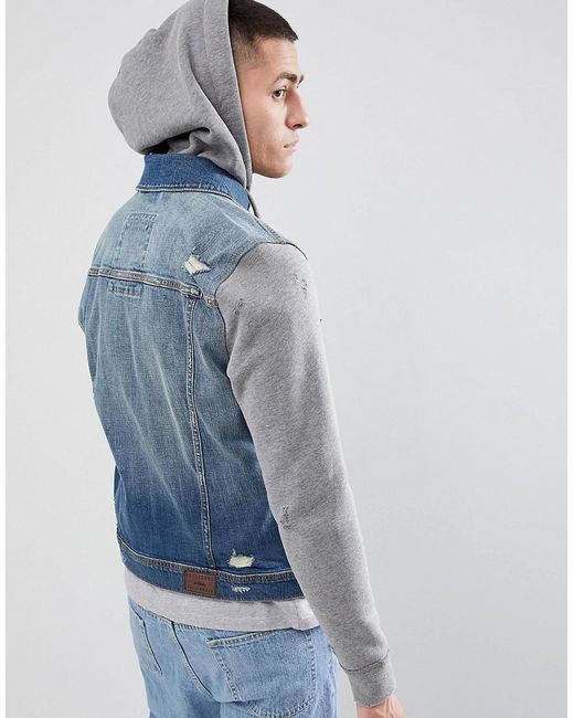 Hollister Hooded Denim Jacket With Gray Sweat Sleeves And Hood in Mid Wash  | Blue denim jacket outfit, Hooded denim jacket, Jackets men fashion