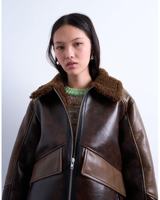 TOPSHOP Brown – patchwork-jacke aus kunstleder