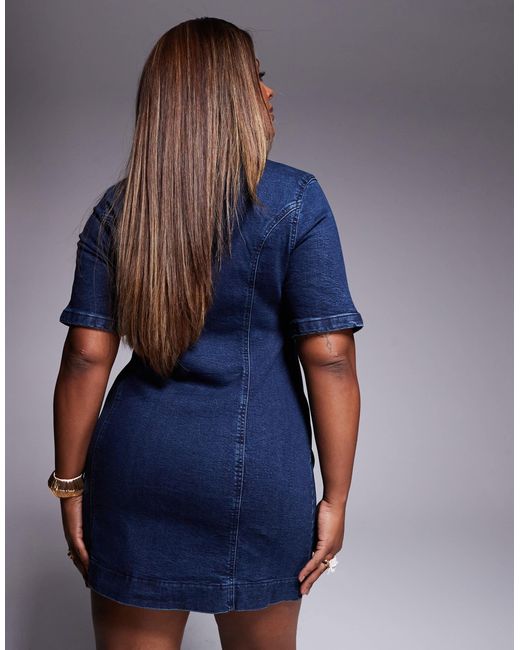 ASOS Blue Asos Design Curve Denim Short Sleeve Mini Dress With Zip Through