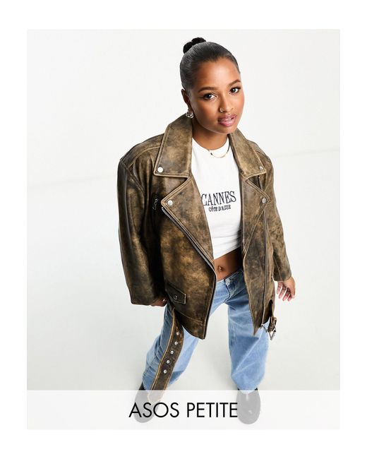 ASOS White Asos Design Petite Premium Washed Real Leather Oversized Biker Jacket