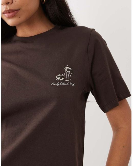Mango Brown Round Neck Short Sleeve 'Early Bird Club' Graphic T-Shirt