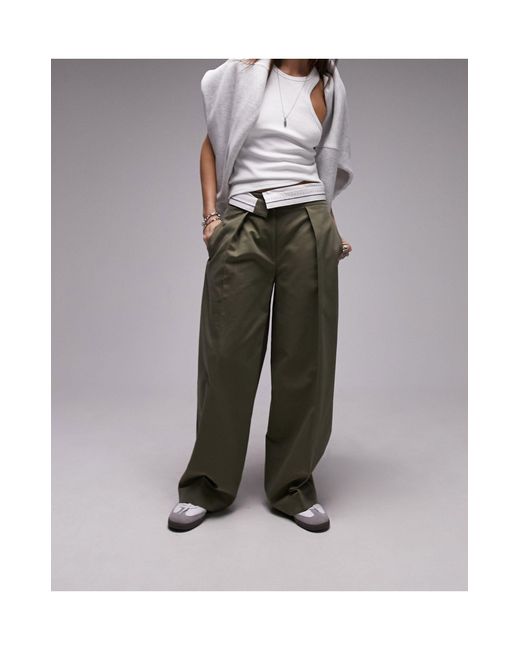 TOPSHOP Fold Over Waistband Detail Pleated Straight Leg Trouser in
