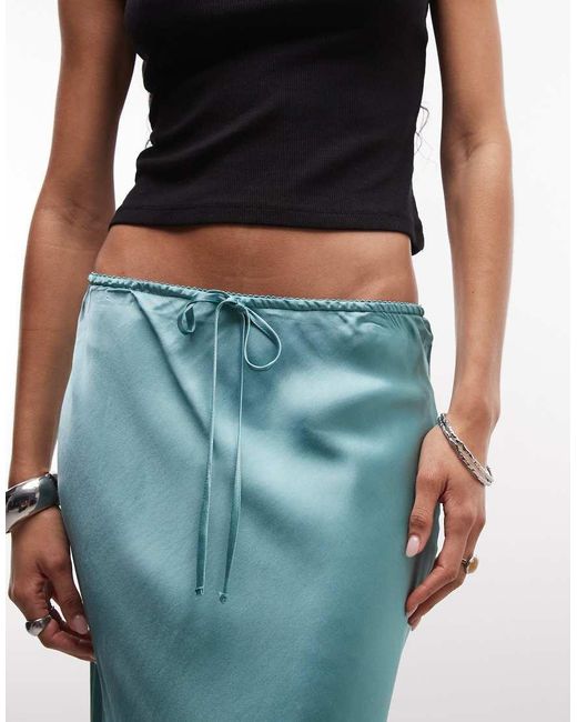 Reclaimed Vintage Blue Awkward Length Satin Midi Skirt With Lace Trim