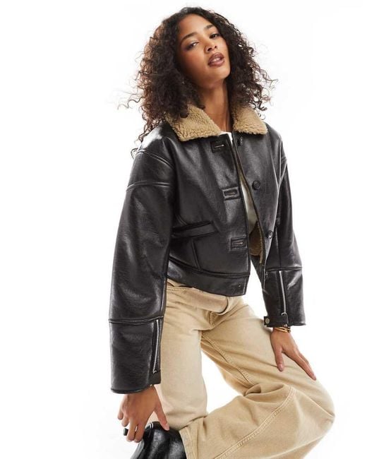 Pull&Bear Brown Faux Leather Shearling Collar Jacket