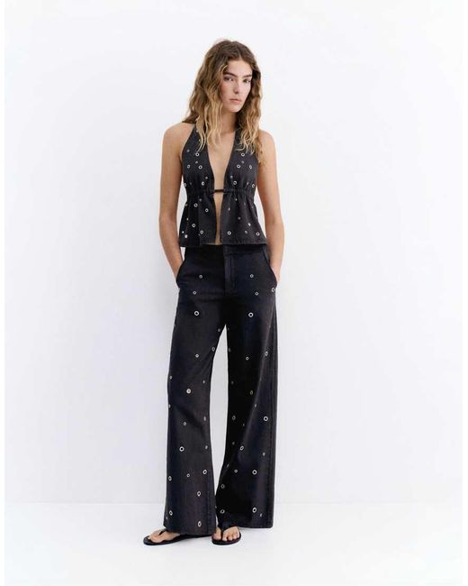 Pull&Bear Black Straight-leg Eyelet Trousers