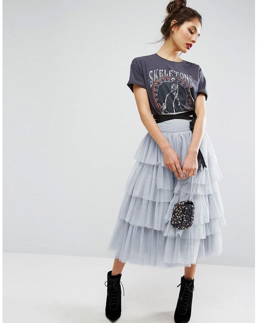 ASOS Asos Tulle Midi Prom Skirt With Tiers And Tie Waist in Gray Lyst