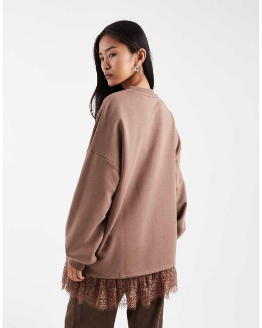 Miss Selfridge Brown Oversized Sweatshirt With Lace Hem
