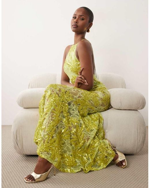 ASOS Green Embellished Lace High Neck Maxi Dress With Full Godet Hem