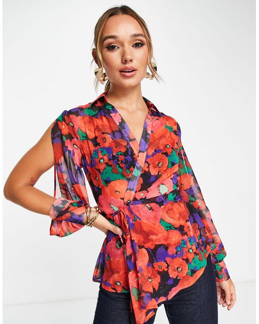 ASOS Red Sheer Wrap Front Shirt With Split Sleeve