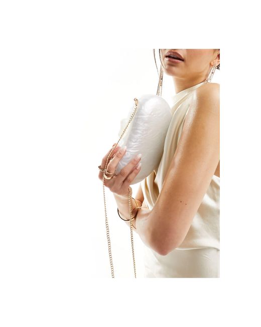 True Decadence White Bridal Pearlescent Hard Clutch Bag With Chain Strap