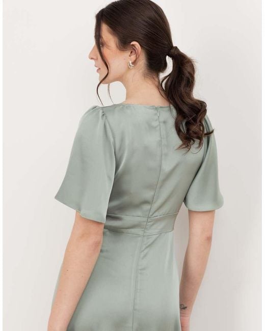 Maya Green V Neck Angel Sleeve Satin Maxi Dress