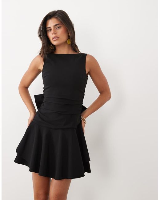 TFNC London Black Bengaline V Back Bow Detail Skater Mini Dress