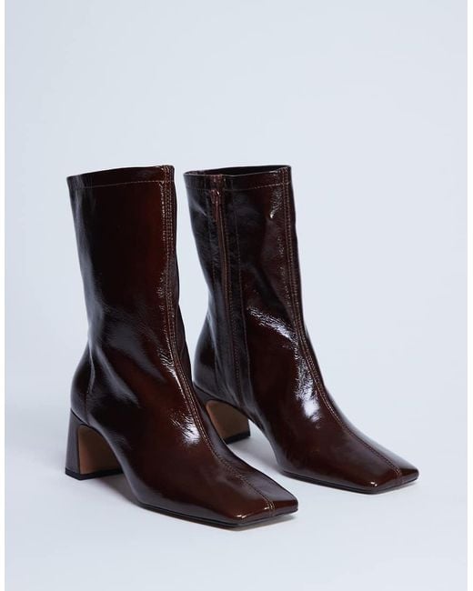 TOPSHOP Brown Sara Premium Leather Square Toe Flared Heel Boot