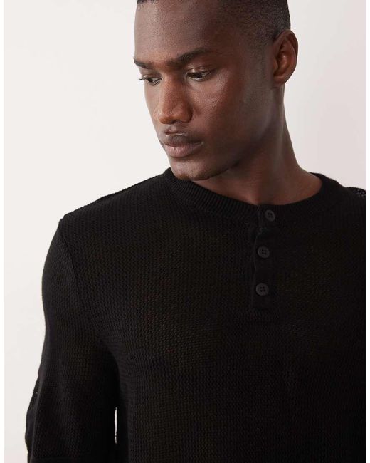 ASOS Black Relaxed Knitted Ribbed Henley for men