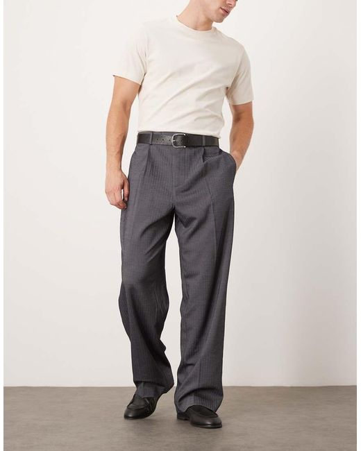 Pantalones De Vestir Grises De Pernera Ancha Con Patrón De Espiga, Pinzas Delanteras Y Cinturilla Elástica De ASOS de hombre de color Gray