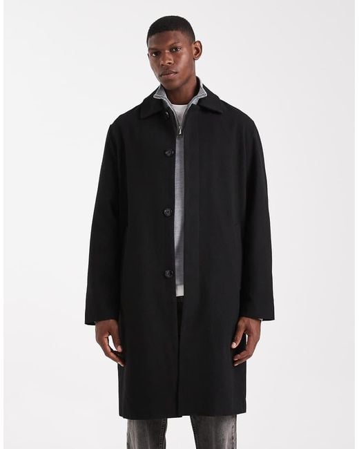 Jack & Jones Black Wool Look Longline Overcoat for men