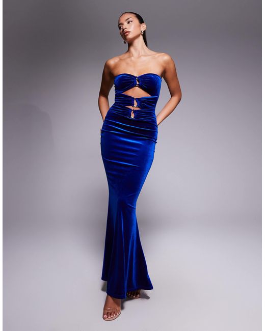 Murci Exclusive Velvet Bandeau Gold Hardware Cut Out Detail Bodycon  Fishtail Maxi Dress in Blue | Lyst Canada