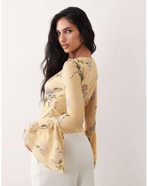 ASOS Natural Mesh Slinky Long Sleeve Top With Flare Sleeve Detail