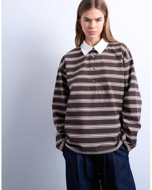 TOPSHOP Blue Stripe Rugby Long Sleeve Polo Top