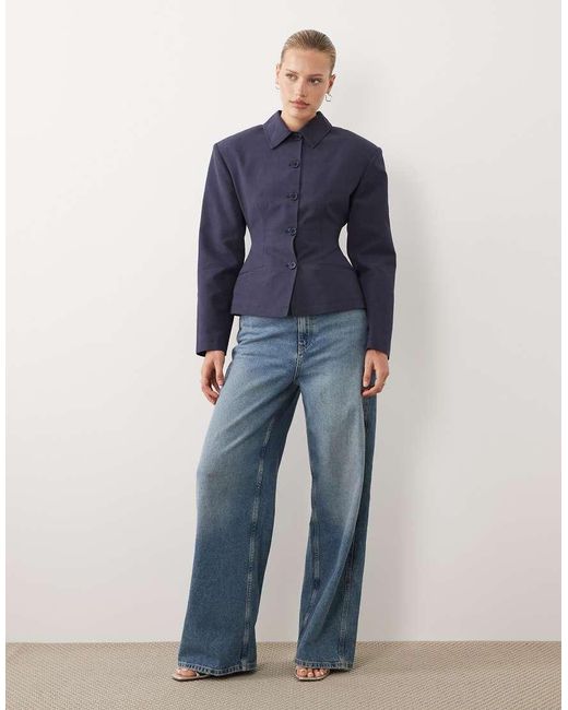 ASOS Blue Button Through Linen Look Cinch Blazer