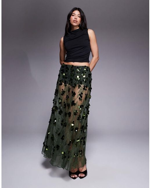 ASOS Sequin Embellished Lace Godet Maxi Skirt in Black | Lyst