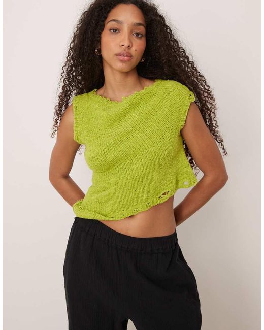 ASOS Gebreide Top Met Blote Schouder Met Onafgewerkte Zoom in het Green