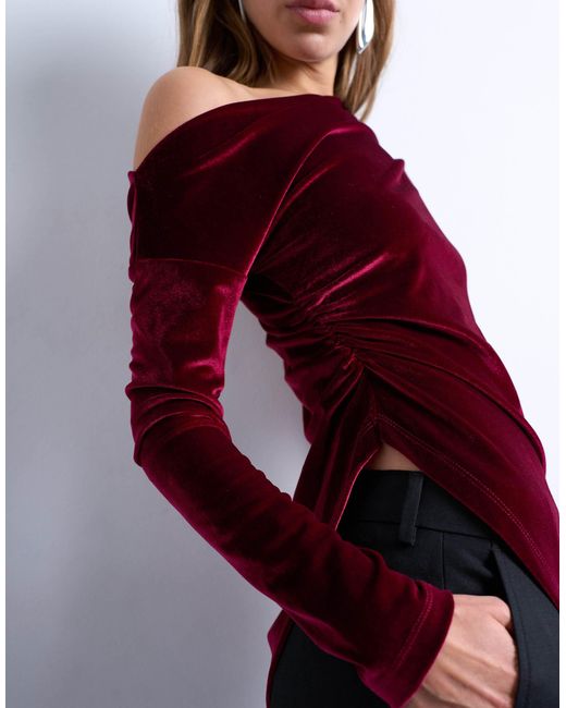 TOPSHOP Red – schulterfreies, langärmliges tunika-oberteil aus samt