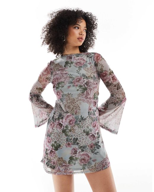 Miss Selfridge Multicolor – netzstoff-minikleid mit sehr weiten glockenärmeln und 70er-print