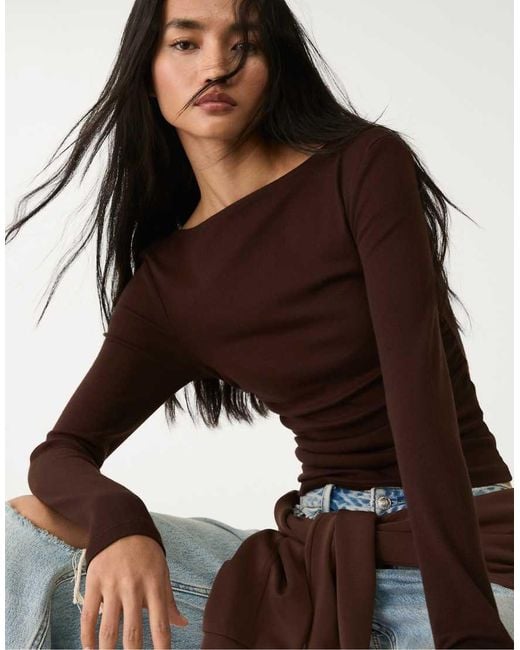 Stradivarius Brown Long Sleeve T-Shirt With Gathering