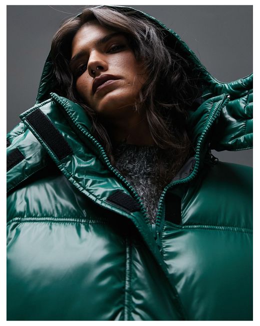 TOPSHOP Green Oversized Mid Length Puffer Jacket With Detachable Hood