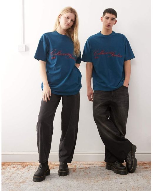 Collusion Blue Washed Premium Embroidered Pique T-Shirt