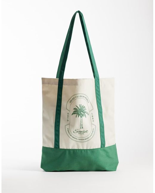Jack & Jones Green Canvas Tote Bag With Palm Tree Print for men
