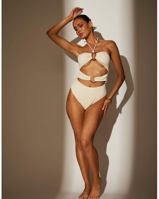 South Beach Brown Textured Ring Detail Halter Swimsuit