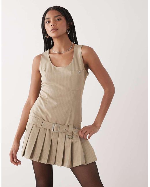 The Ragged Priest Natural Pinstripe Drop Waist Pleated Mini Dress