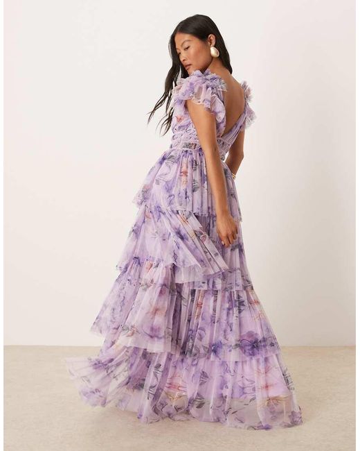 LACE & BEADS Maxi Jurk Van Tulle Met Ruches Op De Schouder En Stroken in het Purple