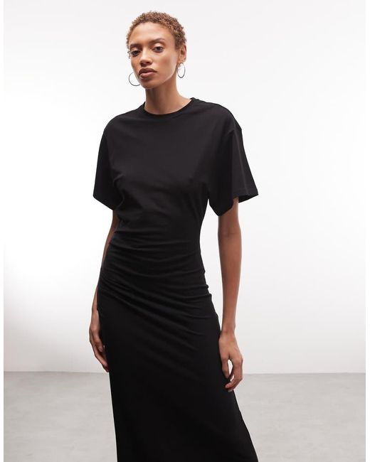 Weekday Black Cinched Waist Jersey Maxi Dress