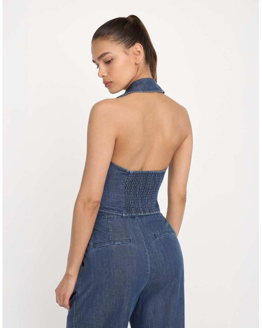 GOOD AMERICAN Blue Denim Luxe Suiting Halter Neck Waistcoat Co-Ord