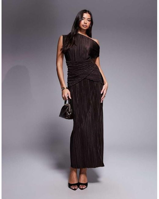 ASOS Brown Plissé Fallen Shoulder Pencil Maxi Dress With Twisted Waist Detailing