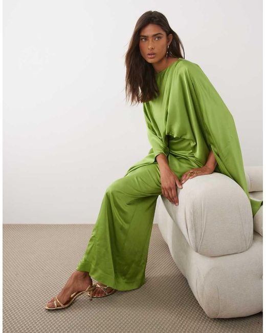 Mango Green Drape Detail Satin Half Sleeve Maxi Dress